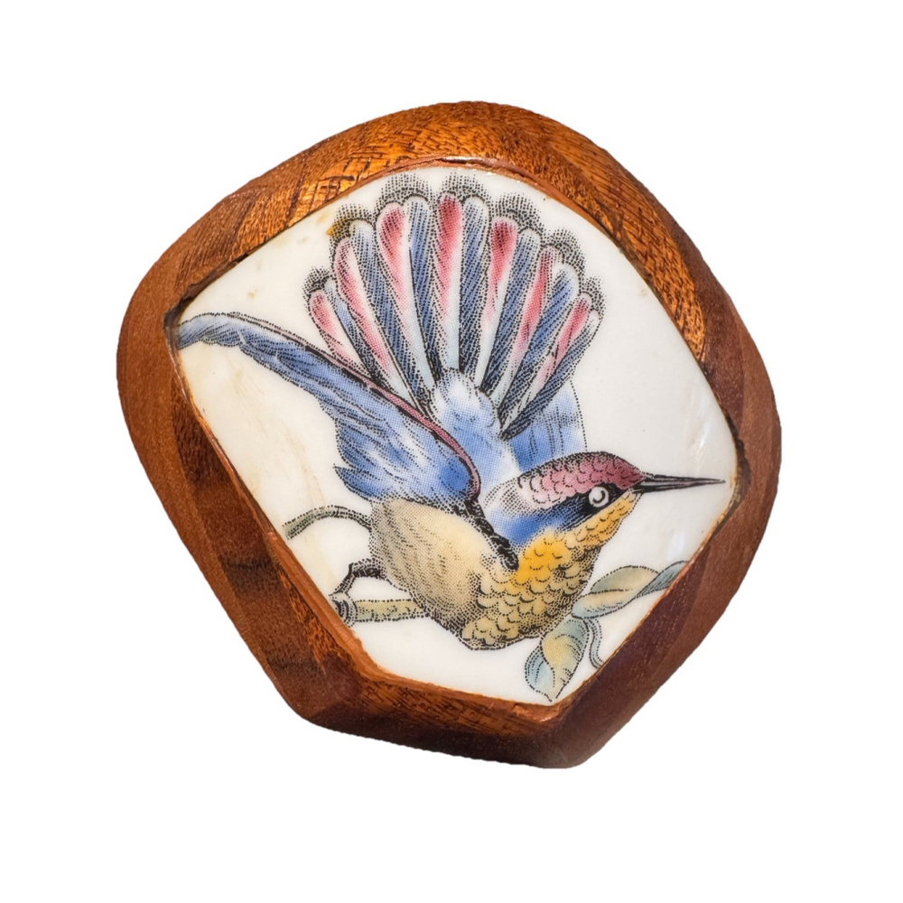 Vintage Wood Framed Porcelain Hummingbird Brooch Pendant Wearable Art